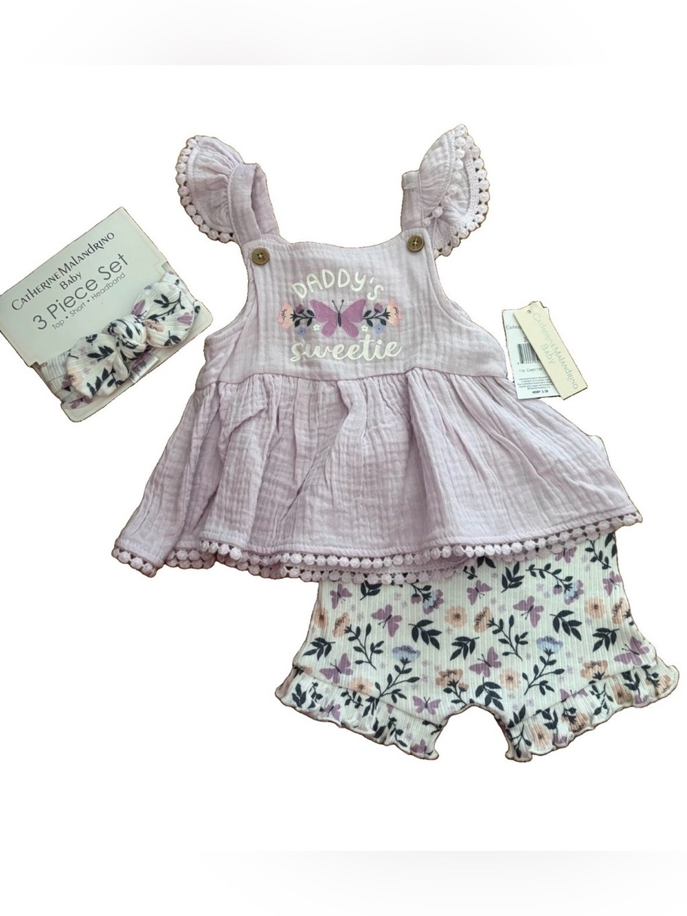 Baby Lilac "Daddy's Sweetie" Two-Piece Outfit with Floral Shorts - 3/6 Months